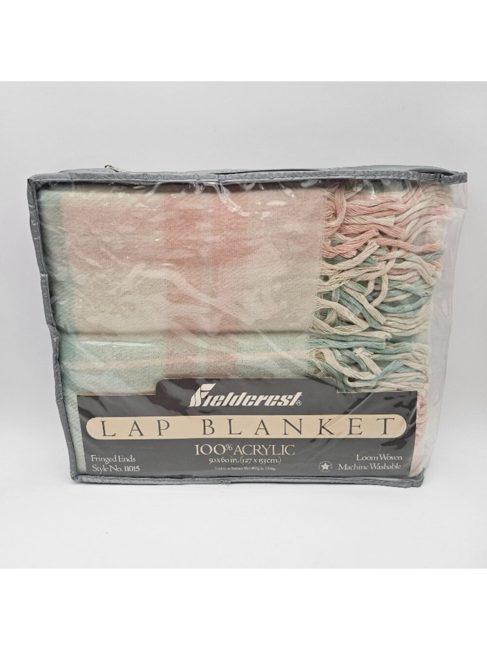 Vintage Fieldcrest Acrylic Lap Blanket Pastel Pink Blue Tartan Fringe Ends NOS